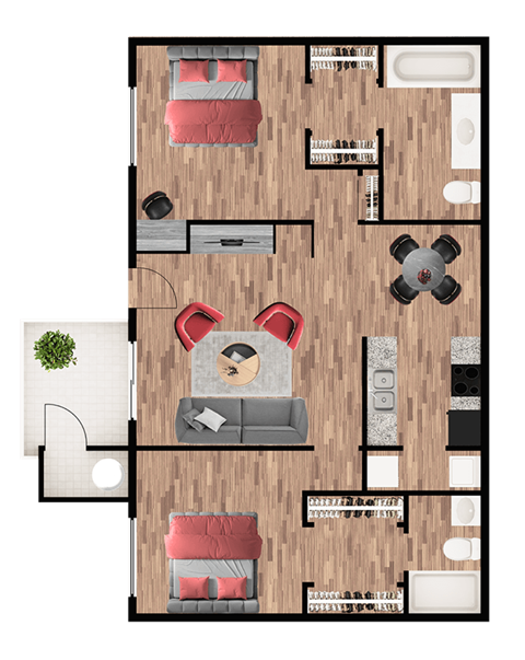 A floor plan of a house with a living room, kitchen, and two bedrooms.